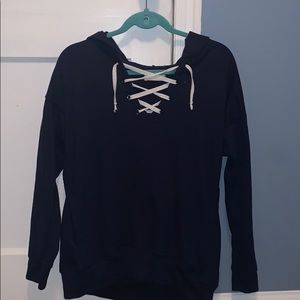 over sized cross-cross laced navy blue hoodie